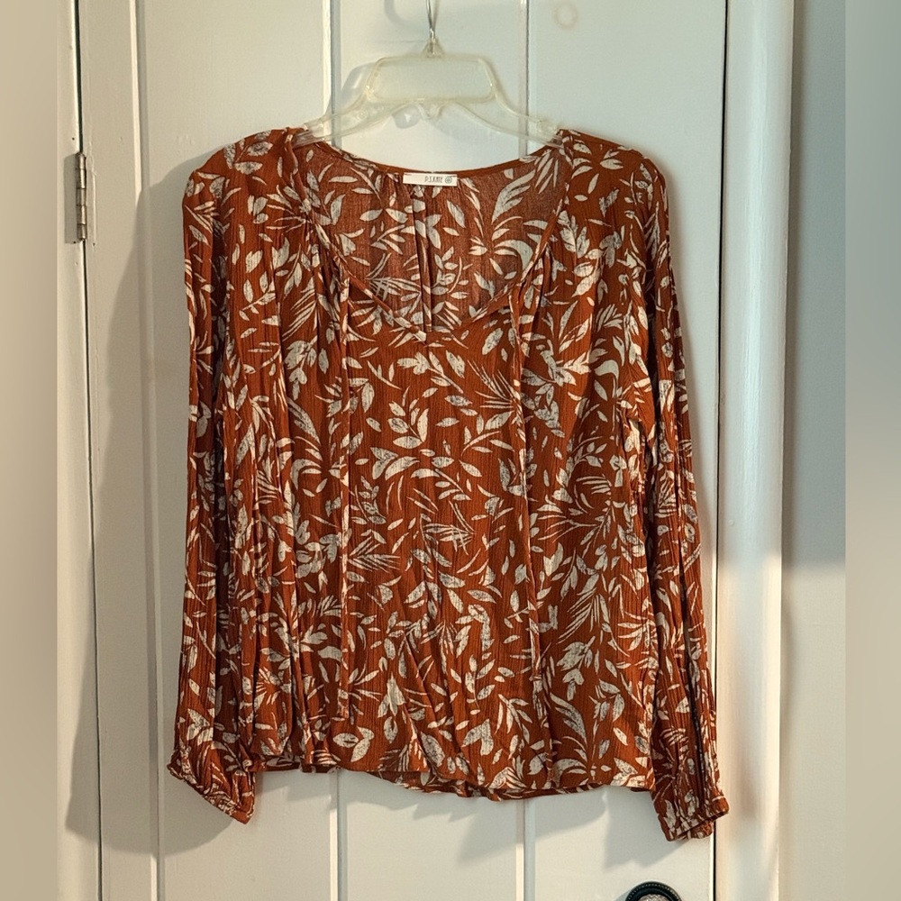 Rust Floral V-Neck Long-Sleeve Blouse